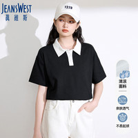 真维斯(JEANSWEST)T恤女2024夏季撞色Polo短袖女宽松休闲时尚设计感黑色L ED-42-271202黑色