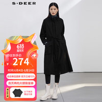 S.DEER圣迪奥女装休闲翻领抽褶收腰黑色风衣S21361808 黑色/91
