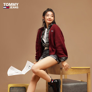 TOMMY JEANS女装纯棉复古灯笼袖慵懒风纽扣V领宽松短针织开衫16531 胭脂红XJS M