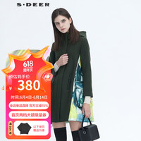 sdeer圣迪奥冬季防风保暖女装通勤连帽几何图案涂鸦印花收腰长袖大衣S20481702 深绿/15 L/170