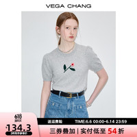 VEGA CHANG毛针织衫女2024年夏季宽松显瘦设计感钩花短袖上衣 燕麦灰 L