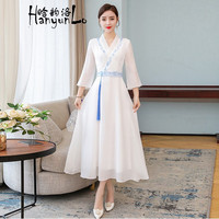 晗韵洛2024夏季中国风女装复古刺绣改良汉服高腰连衣裙女大摆茶服古装 白色 L