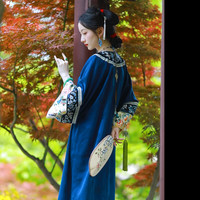 一城风絮晚屏闺梦丨原创设计夏款丨真丝香云纱绣花大襟挽袖复古清汉女衬衣 深蓝色香云纱绣花 S码