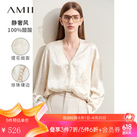 AMII2024夏极简轻奢醋酸梭织V领仿珍珠织带长袖衬衫女款 米色 160/84A/M
