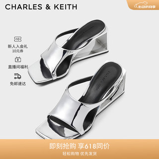 CHARLES&KEITH24夏方头亮面露趾异形高跟一字拖高跟凉拖鞋女-CK1-80580149 Silver银色 40