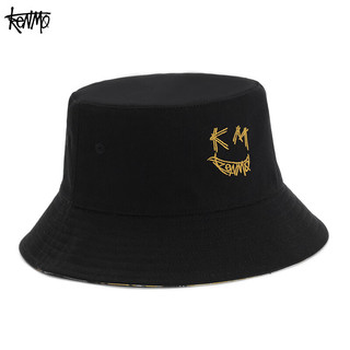 肯默（KENMO）双面戴渔夫帽个性腰花果图案盆帽街头嘻哈笑脸logo帽子 黑黄