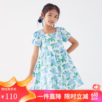 小猪班纳童装夏装儿童连衣裙中大童女童裙子女孩连身裙潮 蓝色五瓣树叶花 110cm