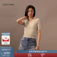 Calvin Klein Jeans24早秋女士V字POLO领ck螺纹微弹短袖针织衫J223932 RAE-卡其 XS