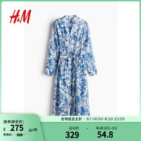 H&M女装裙子2024夏季腰部系带衬衫式连衣裙1236832 白色/蓝色花卉 155/80 XS