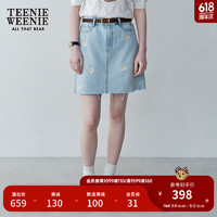 Teenie Weenie小熊女装气质优雅牛仔裙2024夏装花朵刺绣半身裙短裙 浅蓝色 160/S