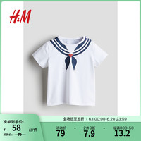 H&M童装女婴2024夏季新款圆领印花棉质T恤1236949 白色/水手