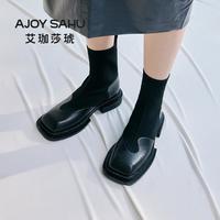 AJOY SAHU 复古春季潮流时尚百搭短靴瘦瘦靴弹力粗跟厚底女袜靴