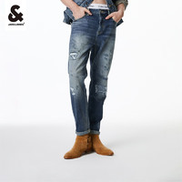 杰克·琼斯（JACK&JONES）冬季新款男士裤子锥形做旧破洞时尚休闲牛仔裤223432066 中牛仔蓝E39