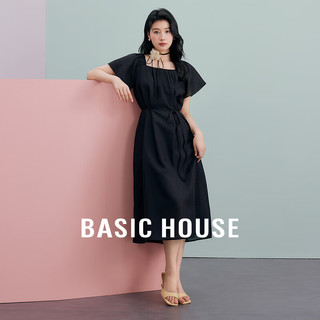 百家好（Basic House）温柔风方领连衣裙法式中长款裙子-B0624B5B162 黑色 S