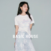 百家好（Basic House）蝴蝶结印花T恤女2024夏时尚白色正肩短袖上衣B0624A50362 白色 M