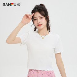 sanfu三福短袖t恤女2024新款夏季甜美木耳边修身短款上衣女装485964