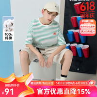 Kappa Kids卡帕男童短袖T恤纯棉2024夏季透气宽松夏装百搭条纹儿童上衣 浅绿色 薄款  130