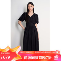 ochirly欧时力 天丝提花法式桔梗裙2024夏装收腰气质连衣裙 黑色 M