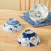 美浓烧 亲子饭碗日本进口餐具一家三口家用日式高脚釉下彩陶瓷碗