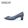 88VIP：KISSCAT 接吻猫 [丹宁系列]春季新款几何饰扣粗跟百搭通勤软底浅口单鞋女