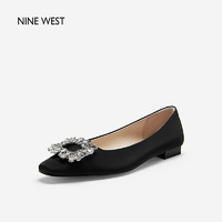 88VIP：NINE WEST 玖熙 低跟单鞋女气质春季新款方钻浅口丝绸牛皮平底鞋