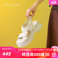 哈森2024夏新纯色外穿运动凉鞋圆头弹力小个子凉鞋女HWM240189 米白色 38