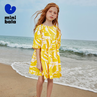 迷你巴拉【mini亲子】插肩袖连衣裙女童纯棉甜美公主风裙子夏 黄白色调00331 140cm