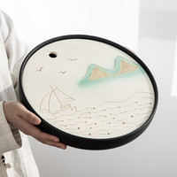 金镶玉茶盘家用办公会客国潮风茶具茶托盘圆型客厅陶瓷功夫茶台干泡盘 顺水行舟茶盘