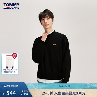 TOMMY JEANS男女复古金色镶边签字体字母宽松美式圆领卫衣DM0DM17784 黑色BDS XL