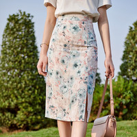 Olrain欧芮儿碎花雪纺半身裙夏季高腰显瘦气质优雅油画风开叉裙 粉色 1