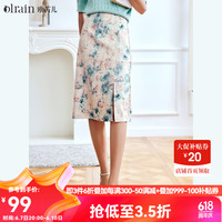Olrain欧芮儿碎花雪纺半身裙夏季高腰显瘦气质优雅油画风开叉裙 粉色 170/76A/XL