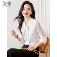 初申春秋长袖衬衫女纯色立领蕾丝花边系带气质通勤白衬衣S141C2791 L