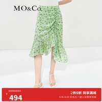 MO&Co.夏季碎花半身裙桑蚕丝混纺茶歇裙小众设计MBB2SKT012 白底绿印花 M/165