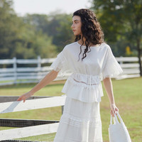 S.DEER圣迪奥女装复古甜美网纱花边短袖衬衫S24260408 本白/9B M/165