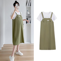 苒祺祺 2024夏款孕妇连衣裙：假两件设计，卡其绿小个子必备