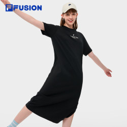 fila斐乐fusion斐乐潮牌女子连衣裙2024夏季新款宽松开衩t恤裙子长裙