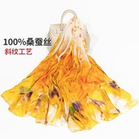 上海故事 100%桑蠶絲春季出游斜紋噴繪絲巾女百搭披肩圍巾