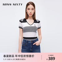 MISS SIXTY夏季针织衫女polo领条纹卡通绣花修身美式复古 黑色 XS