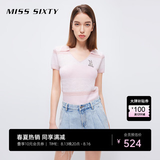 MISS SIXTY季针织衫女polo领条纹卡通绣花修身美式复古 浅粉 S