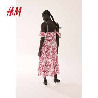 H&M2024夏季女装荷叶边露肩连衣裙1239364 白色/粉色花朵 155/80