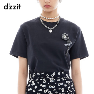 DZZIT【爆款补单】地素短袖T恤2024夏季新款套头设计编织胸花上衣女 中灰色