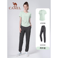 CAMEL 駱駝 瑜伽服套裝女夏戶外跑步寬松運動健身短袖A06059青/灰色L