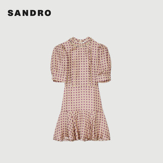 SANDRO2024春夏女装钻饰衣领粉色荷叶边印花连衣裙SFPRO03680 F094/粉色 34