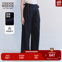 Teenie Weenie【亚麻混纺】小熊2024年夏季高腰休闲直筒裤长裤 藏青色 160/S