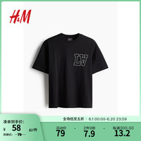 H&M男装2024夏季棉质休闲宽松版印花T恤1227157 黑色/LA 170/92