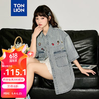 唐狮 TONLION2024春夏新款女牛仔宽松短袖衬衫TB 浅牛仔蓝