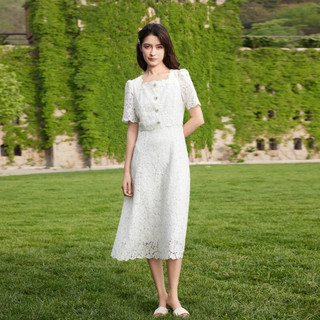LIME FLARE莱茵蕾丝连衣裙白色2024夏方领假两件收腰优雅长款裙子 白色 S