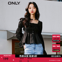 ONLY春夏新款法式泡泡袖系带方领纯色雪纺衫女|123251008 H1Z 黑色 165/84A/M