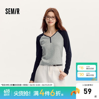 Semir 森马 长袖T恤女短款V领紧身秋季2024休闲潮流撞色插肩袖套头衫 灰色调00322 160/84A/M