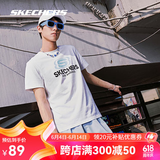 斯凯奇（Skechers）短T恤男女同款经典印花透气运动T恤圆领宽松休闲针织短袖 亮白色 L